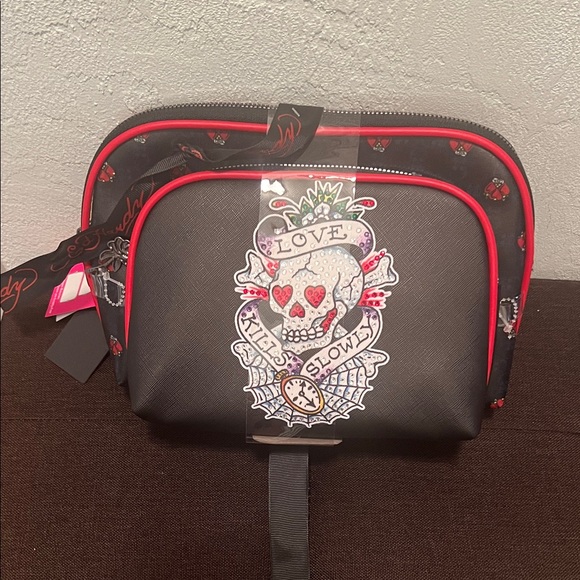 Ed Hardy Accessories - #1584** Ed Hardy Black and Red Skull Travel Pouch Duo